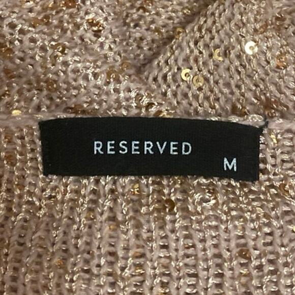 Reserved Women's Tan Sequin Knit Short Sleeve Deep V-Neck Sweater Top Size M - Picture 3 of 3
